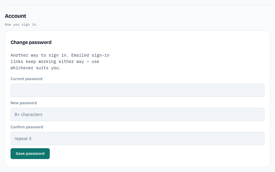 The Account section: change password with current, new, and confirm fields.