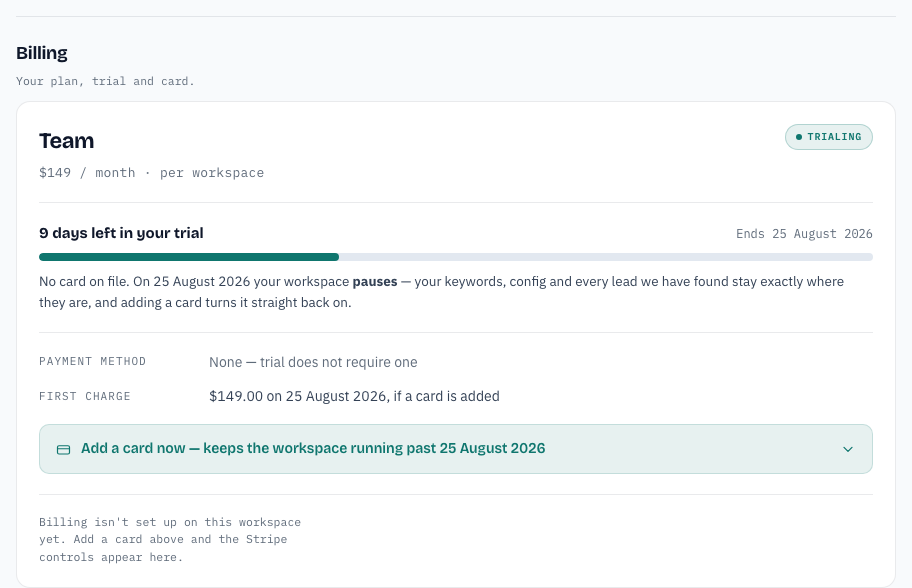 The Billing section: plan name, trial days left, payment method, and the add-a-card button.
