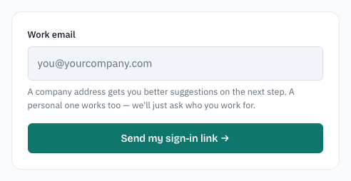 The first signup step: one email field and a "Send my sign-in link" button.
