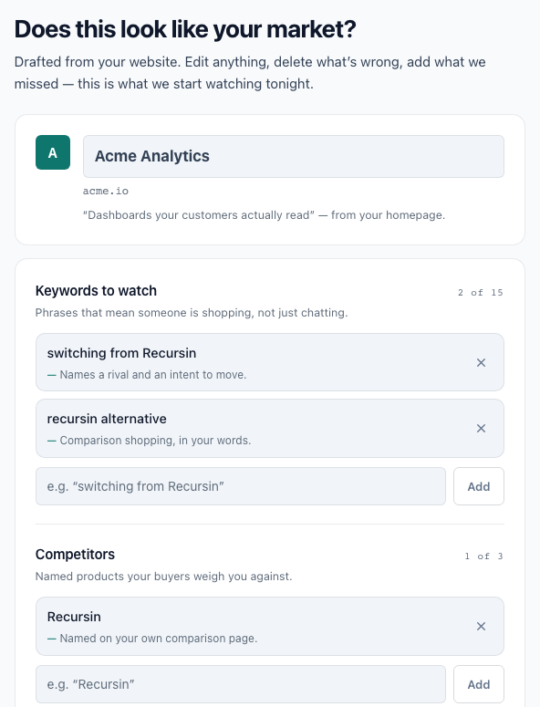 The review step: suggested keywords and competitors, each with a short reason, ready to edit.