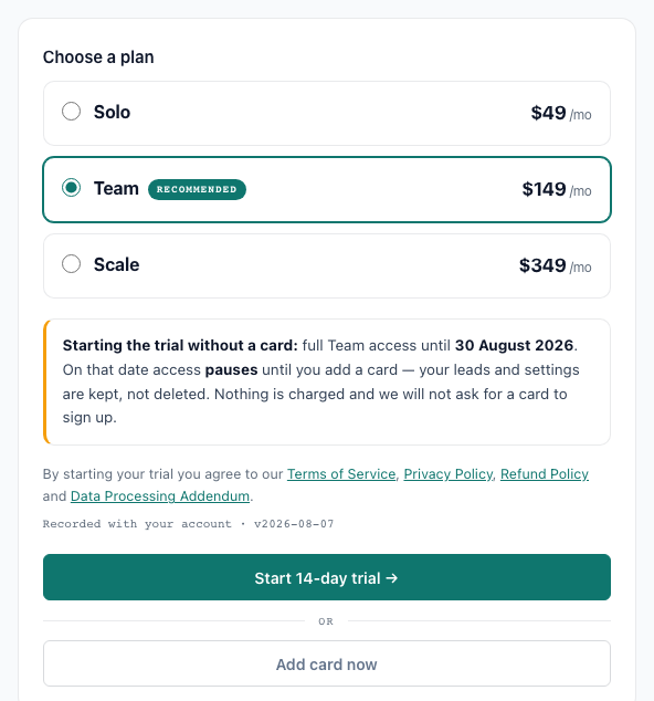 The plan step: three plan choices, a trial note, and the "Start 14-day trial" button.